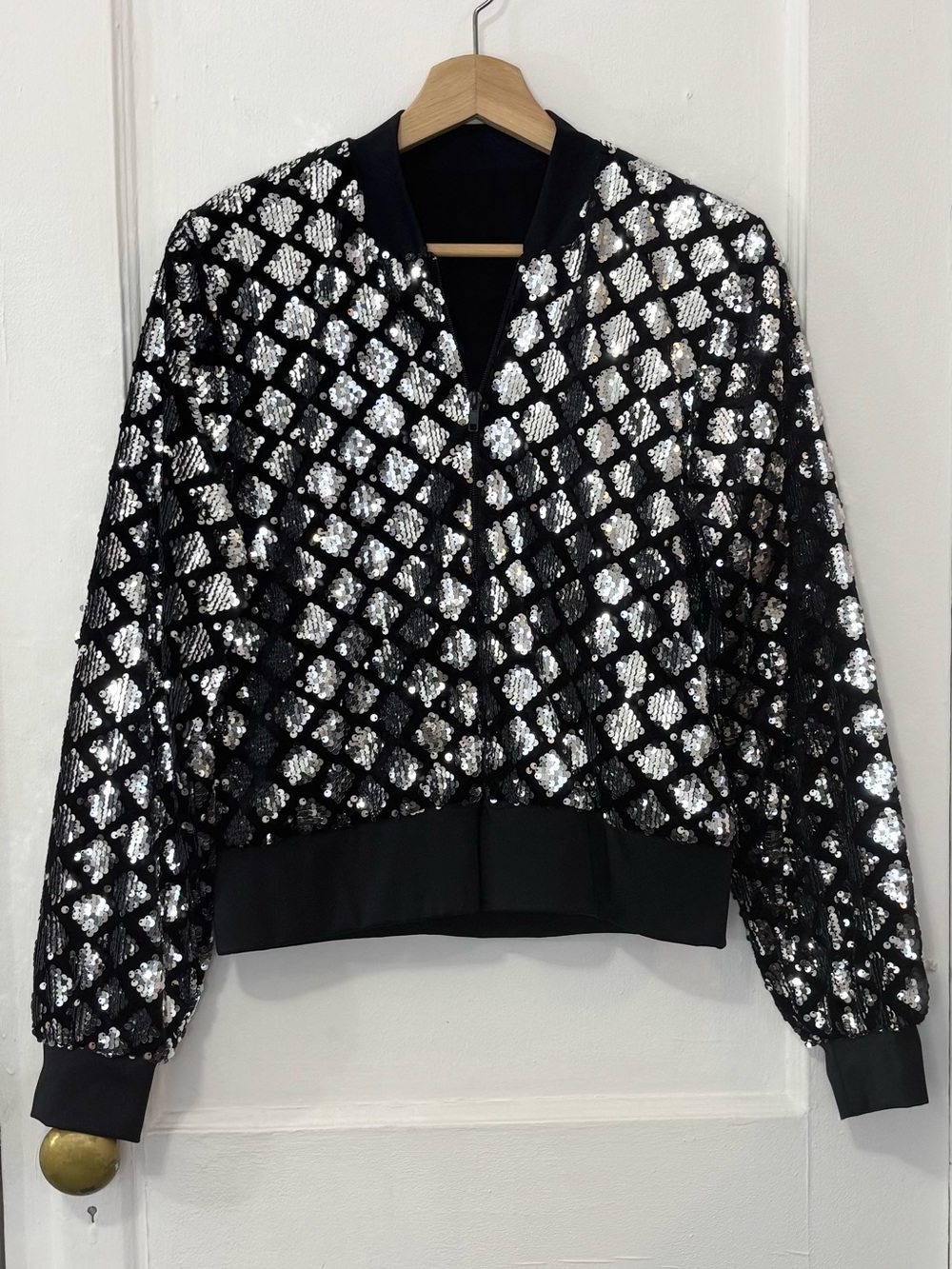 Costume Gallery Diamond-Pattern Black w/ Silver Sequin Bomber Jacket, NO Size